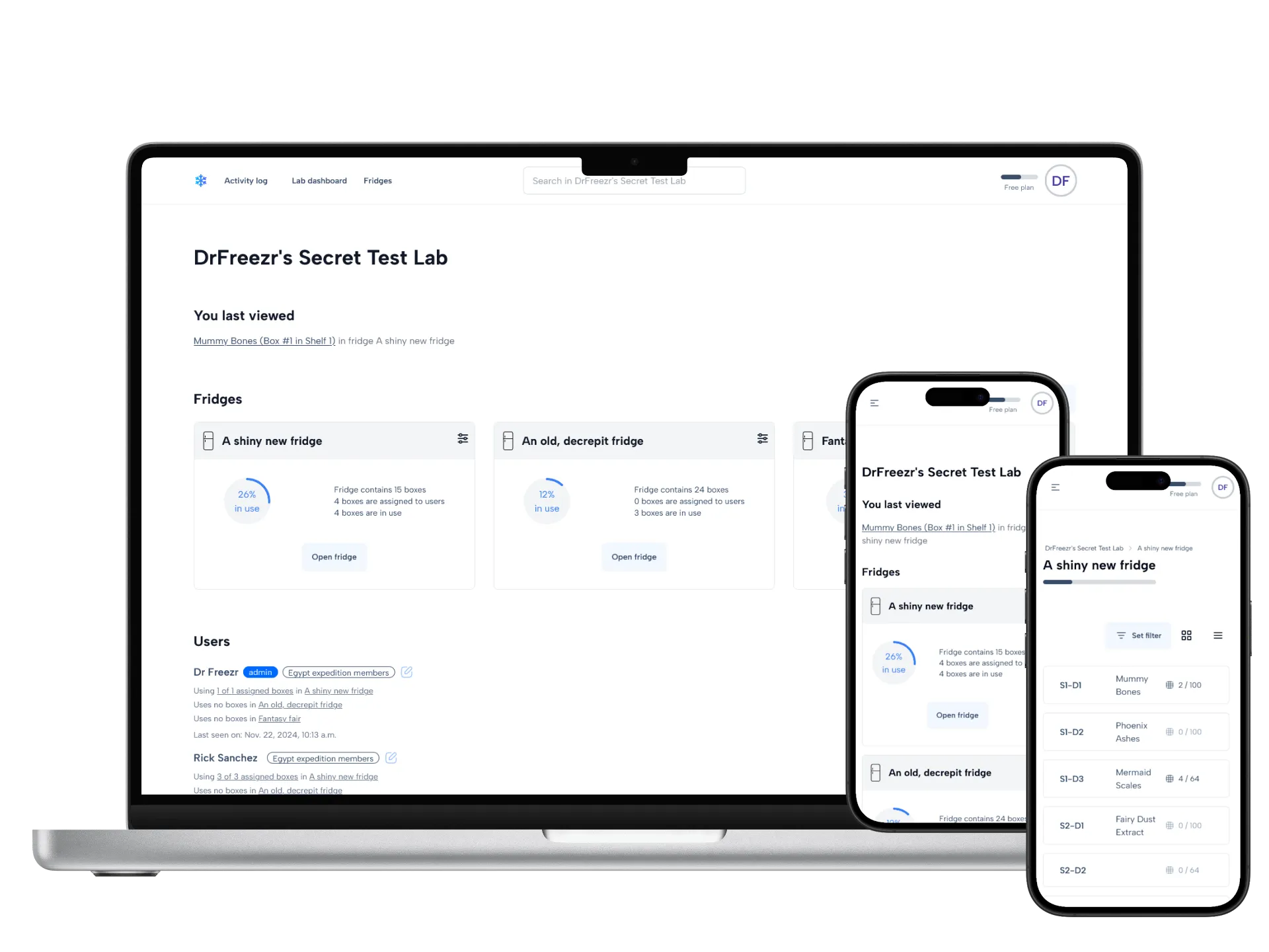 Mobile and desktop view of the Dr. Freezr web application